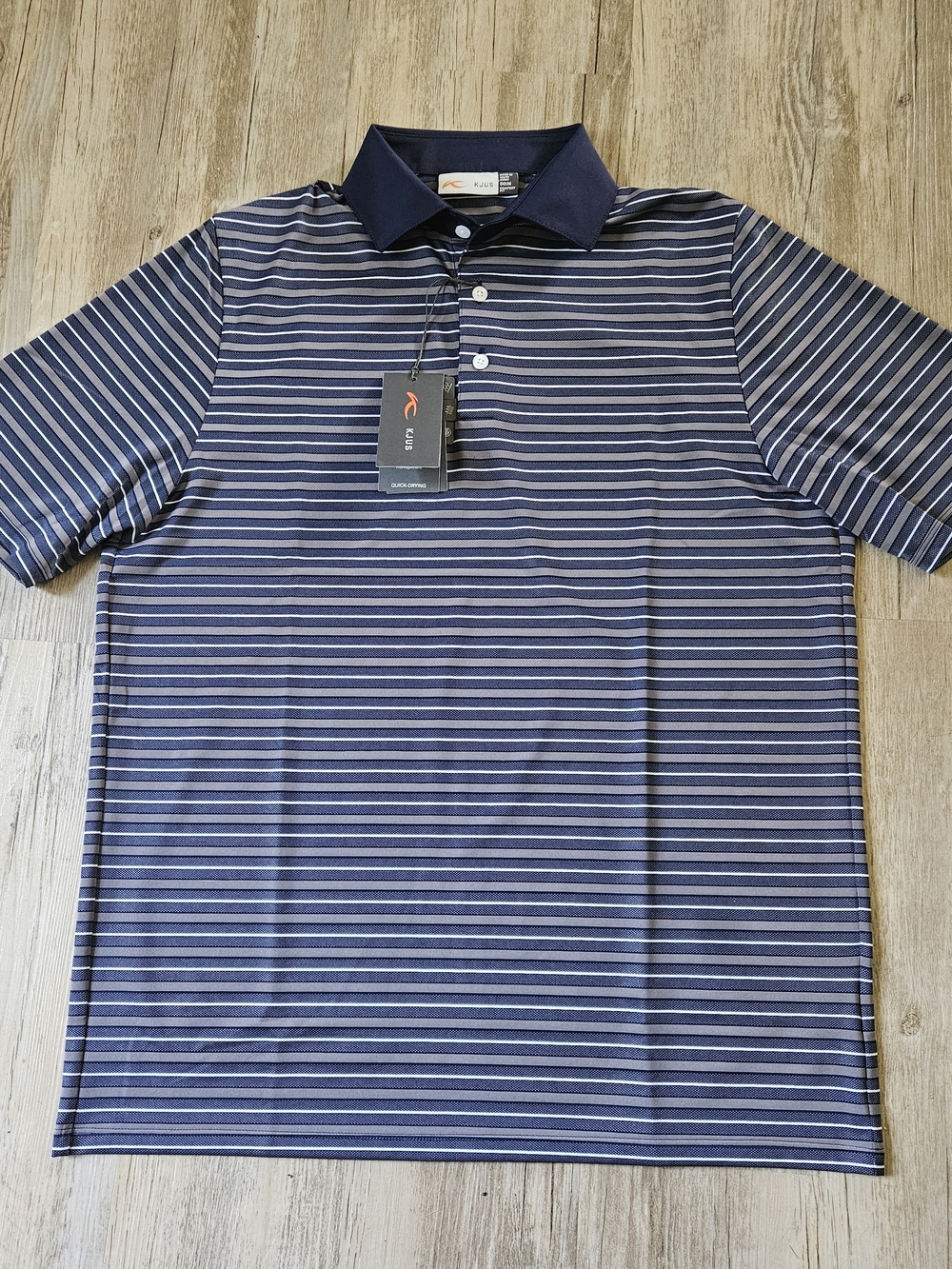 NWT KJUS Luis Multi Navy Striped Men’s Performance Golf Polo Shirt 50 Medium